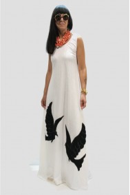 Φόρεμα μακρύ με απλικέ παράσταση χελιδόνια