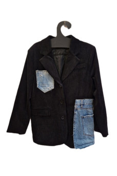 Σακάκι κοτλέ μαύρο με λεπτομέρειες τζιν