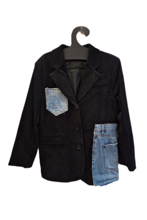 Σακάκι κοτλέ μαύρο με λεπτομέρειες τζιν